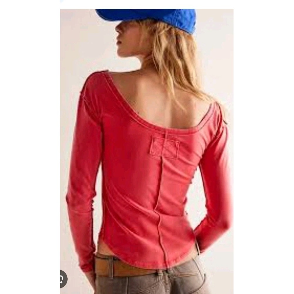 Free People Scoop Neck Long Sleeve Minimalist Coral Top Size Xl Basics
